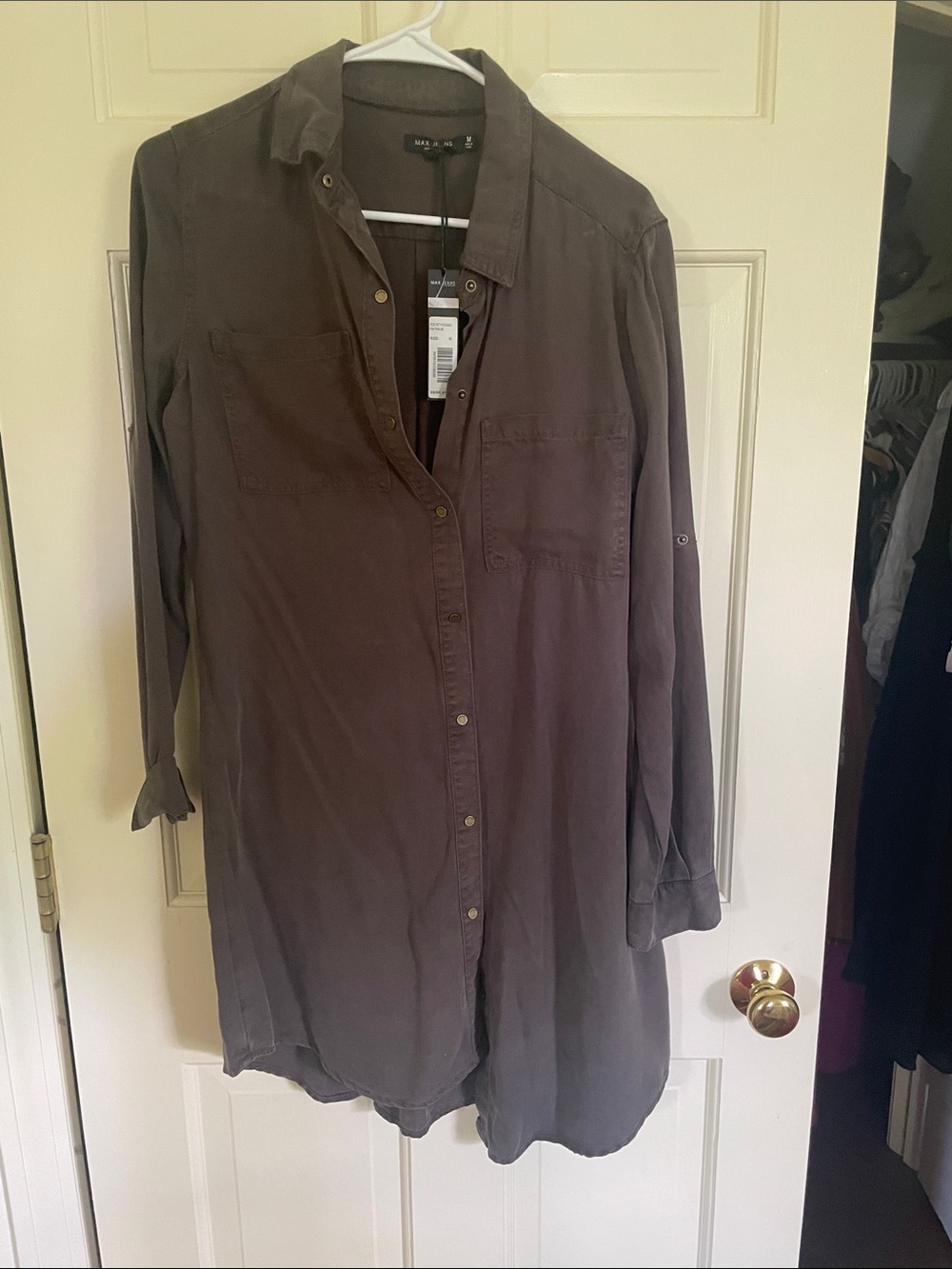 Max Studio Olive-Taupe Long Button-Up Tunic